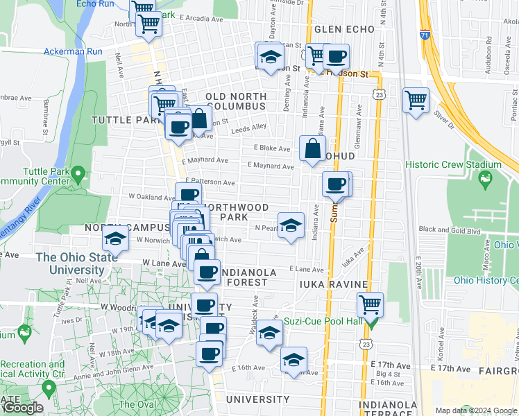 map of restaurants, bars, coffee shops, grocery stores, and more near 167 East Oakland Avenue in Columbus