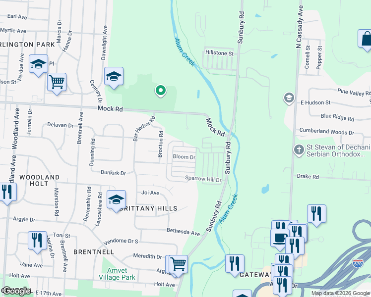 map of restaurants, bars, coffee shops, grocery stores, and more near 2599 Bloom Drive in Columbus
