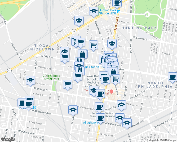 map of restaurants, bars, coffee shops, grocery stores, and more near 3616 North 16th Street in Philadelphia