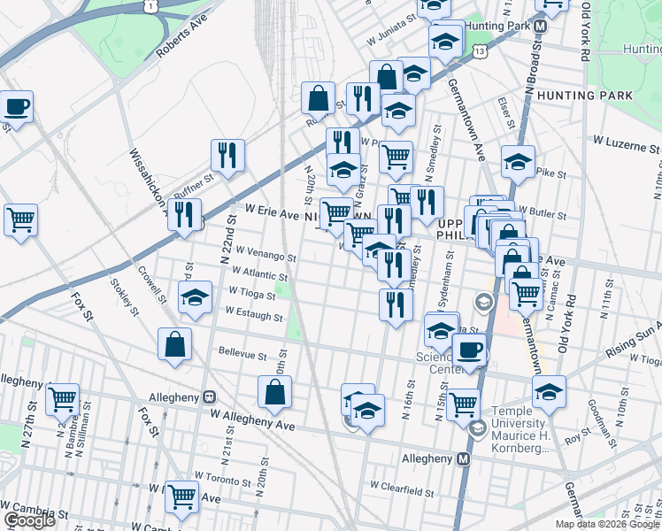 map of restaurants, bars, coffee shops, grocery stores, and more near N 19th St & W Venango St in Philadelphia