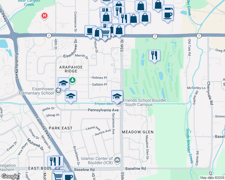 map of restaurants, bars, coffee shops, grocery stores, and more near 5423 Centennial Trail in Boulder