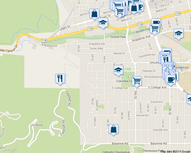 map of restaurants, bars, coffee shops, grocery stores, and more near 1160 Jay Street in Boulder