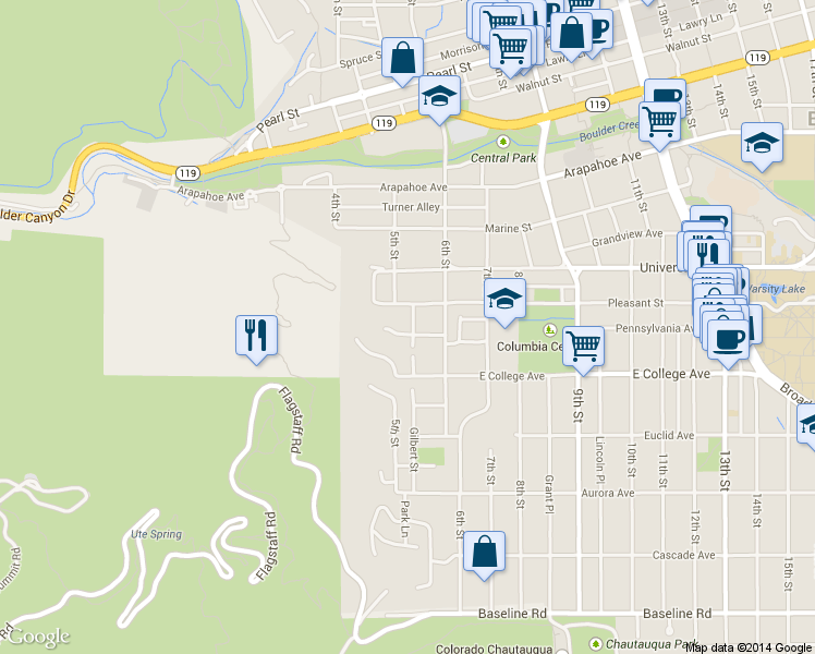 map of restaurants, bars, coffee shops, grocery stores, and more near 519 Hapgood Street in Boulder