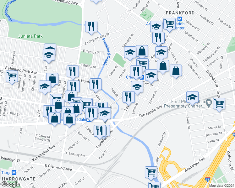 map of restaurants, bars, coffee shops, grocery stores, and more near 4030 Kensington Avenue in Philadelphia