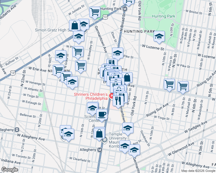 map of restaurants, bars, coffee shops, grocery stores, and more near 3619 North Broad Street in Philadelphia