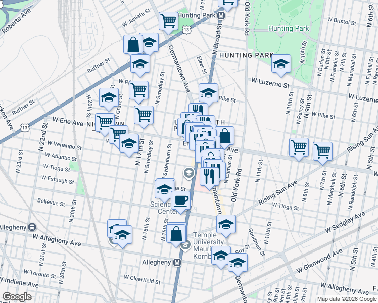 map of restaurants, bars, coffee shops, grocery stores, and more near 3619 North Broad Street in Philadelphia
