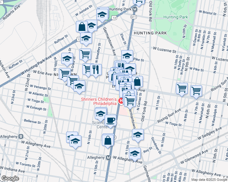 map of restaurants, bars, coffee shops, grocery stores, and more near 1447 West Venango Street in Philadelphia
