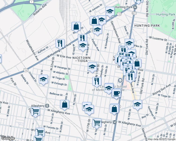 map of restaurants, bars, coffee shops, grocery stores, and more near 1722 West Venango Street in Philadelphia