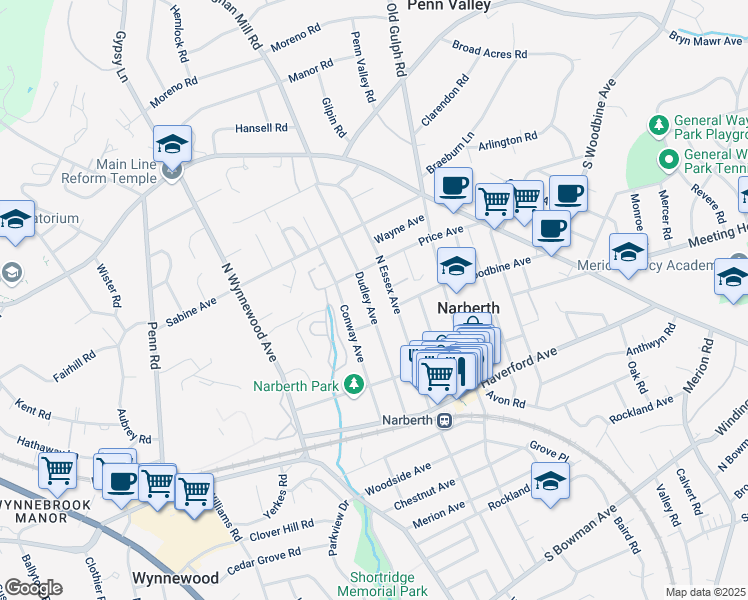 map of restaurants, bars, coffee shops, grocery stores, and more near 231 Dudley Avenue in Narberth