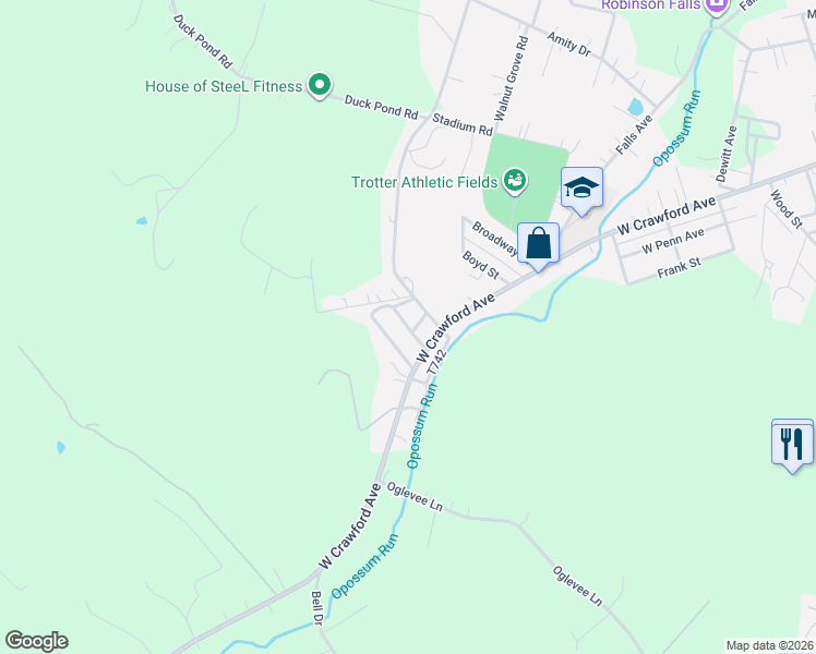 map of restaurants, bars, coffee shops, grocery stores, and more near 113 Marshall Street in Connellsville