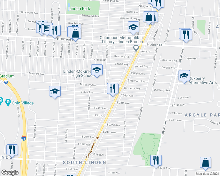 map of restaurants, bars, coffee shops, grocery stores, and more near 1357 East 26th Avenue in Columbus