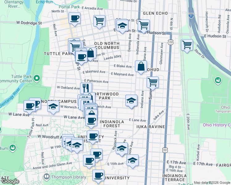 map of restaurants, bars, coffee shops, grocery stores, and more near 149 East Northwood Avenue in Columbus