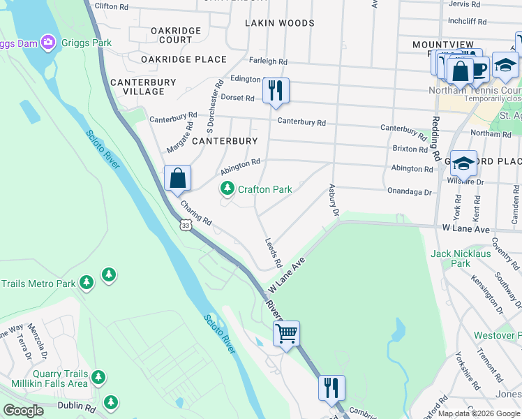 map of restaurants, bars, coffee shops, grocery stores, and more near 2613 Sherwin Road in Columbus