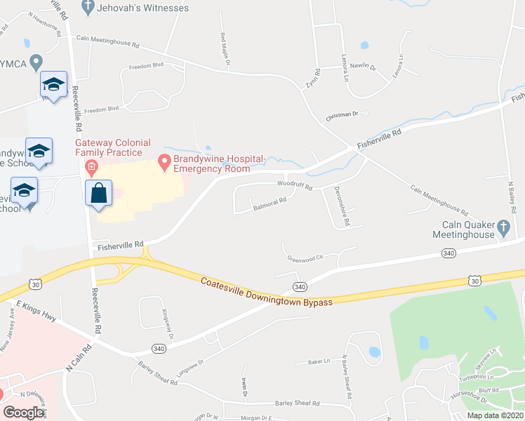 map of restaurants, bars, coffee shops, grocery stores, and more near 1440 Balmoral Road in Coatesville