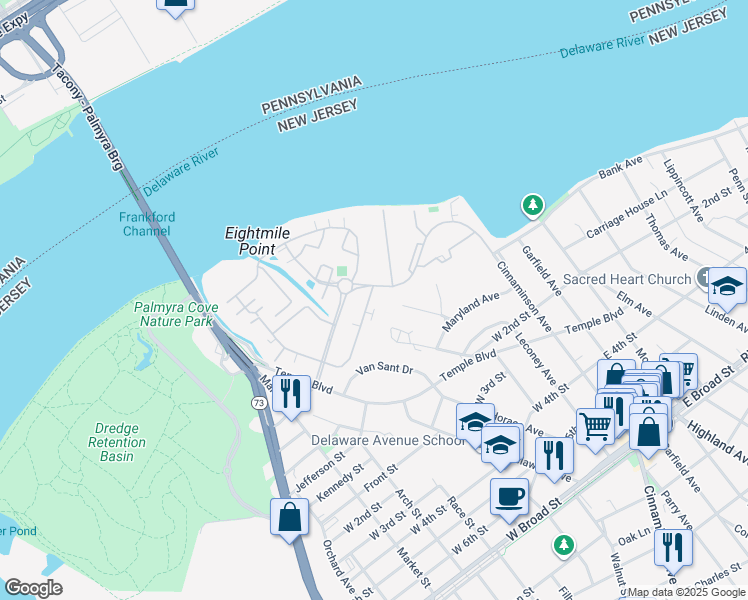map of restaurants, bars, coffee shops, grocery stores, and more near 3067 Harbour Drive in Palmyra