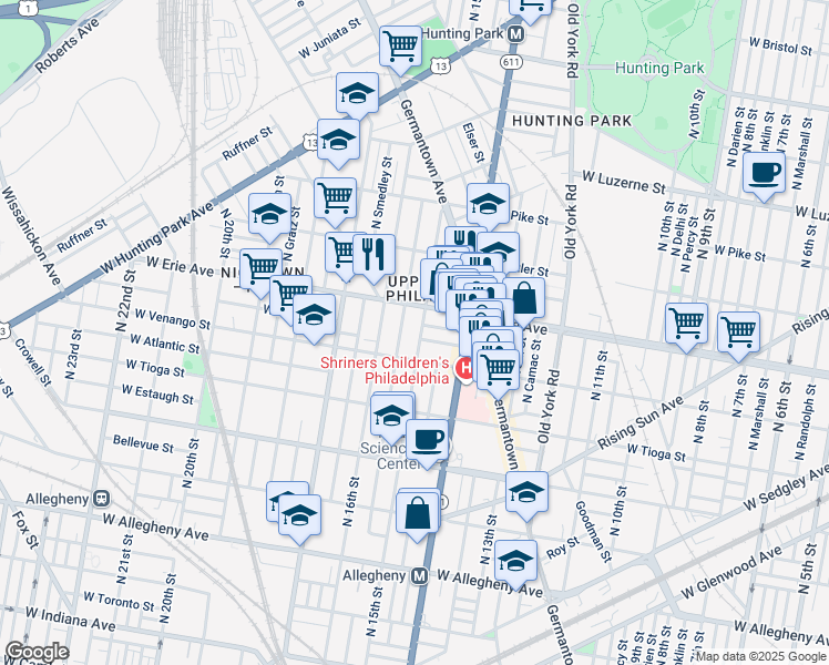 map of restaurants, bars, coffee shops, grocery stores, and more near 3626 North 15th Street in Philadelphia