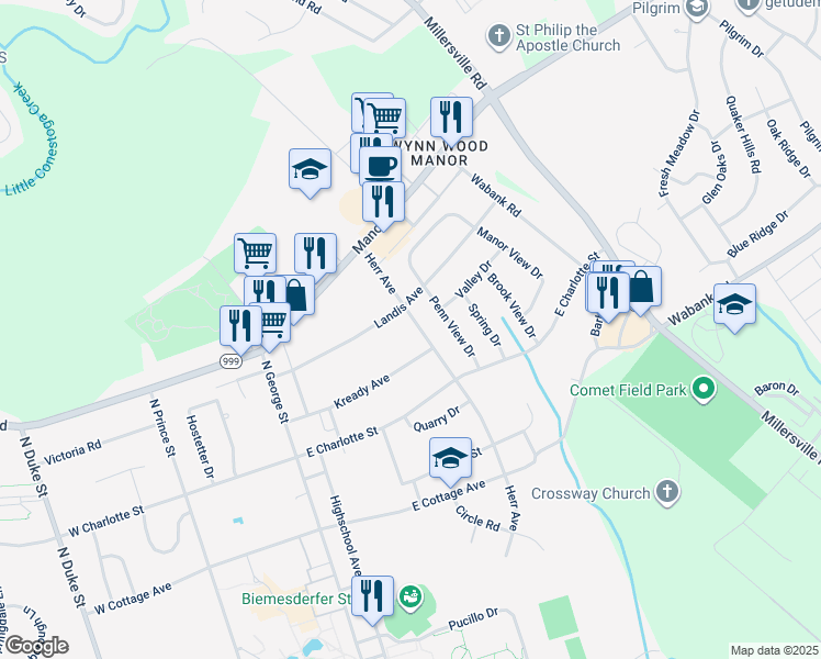 map of restaurants, bars, coffee shops, grocery stores, and more near 415 Herr Avenue in Millersville