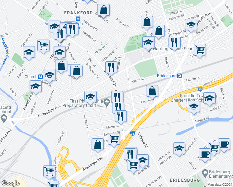 map of restaurants, bars, coffee shops, grocery stores, and more near 3700 Trenton Avenue in Philadelphia