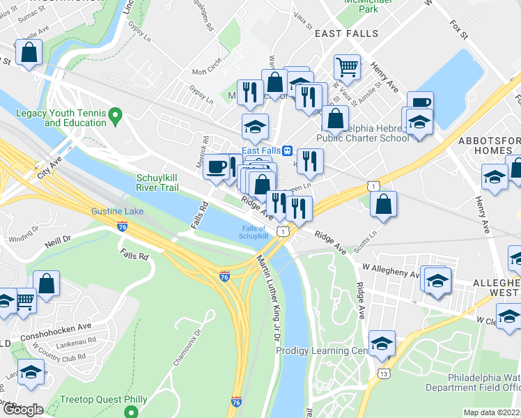 map of restaurants, bars, coffee shops, grocery stores, and more near Indian Queen Ln & Ridge Ave in Philadelphia