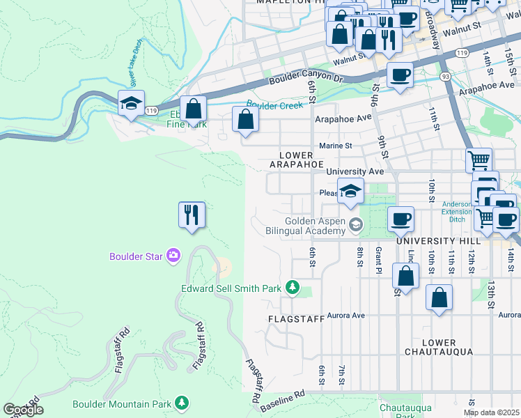 map of restaurants, bars, coffee shops, grocery stores, and more near 430 College Avenue in Boulder
