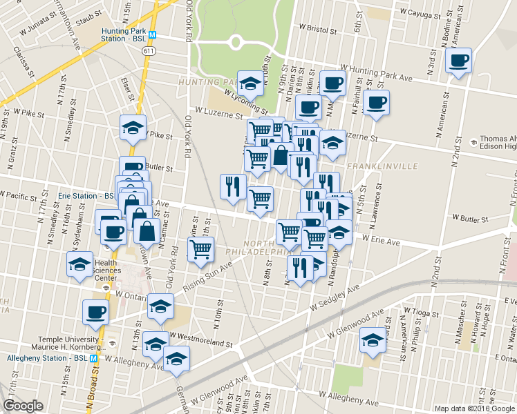 map of restaurants, bars, coffee shops, grocery stores, and more near 3718 North 9th Street in Philadelphia