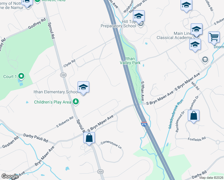 map of restaurants, bars, coffee shops, grocery stores, and more near 613 Heather Lane in Bryn Mawr