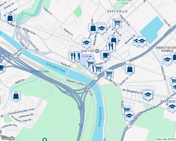 map of restaurants, bars, coffee shops, grocery stores, and more near Ridge Avenue & Indian Queen Lane in Philadelphia