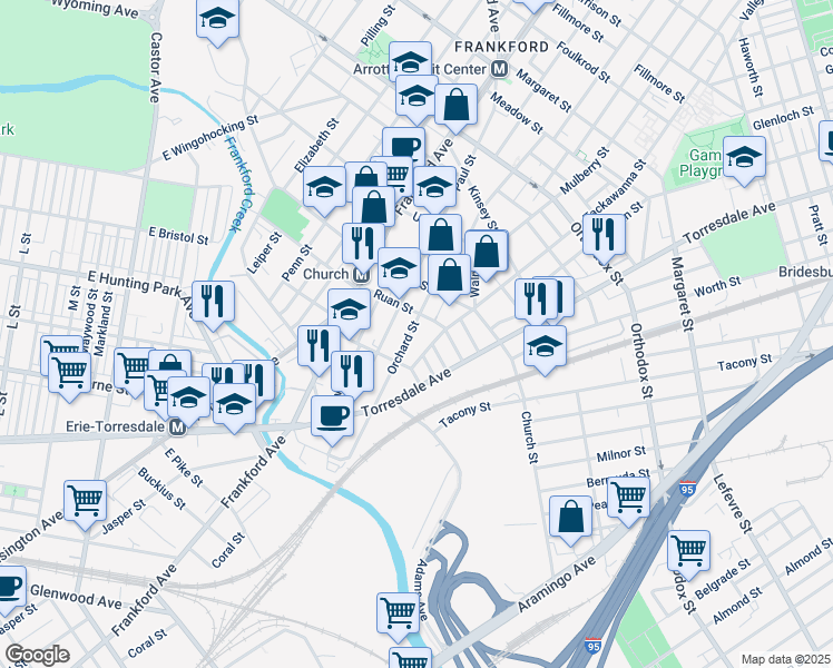 map of restaurants, bars, coffee shops, grocery stores, and more near 4241 Orchard Street in Philadelphia