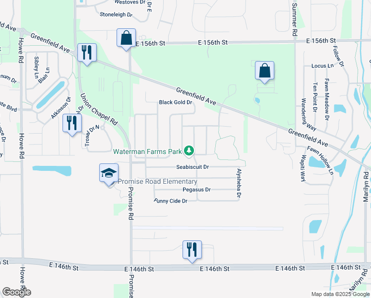 map of restaurants, bars, coffee shops, grocery stores, and more near 11332 Seattle Slew Drive in Noblesville