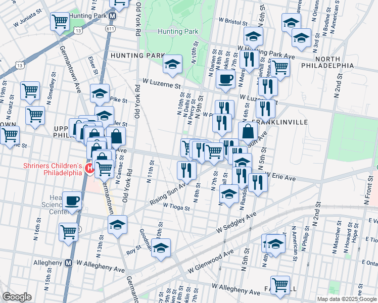 map of restaurants, bars, coffee shops, grocery stores, and more near 3718 North 9th Street in Philadelphia