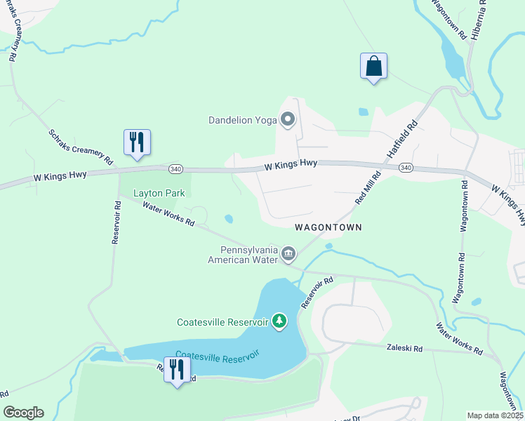 map of restaurants, bars, coffee shops, grocery stores, and more near 109 Ruthland Avenue in Coatesville