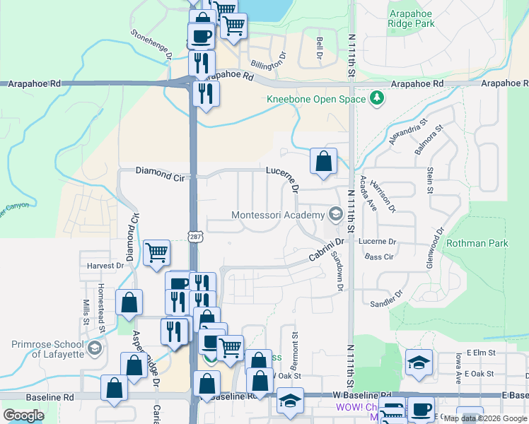 map of restaurants, bars, coffee shops, grocery stores, and more near 963 Clover Circle in Lafayette