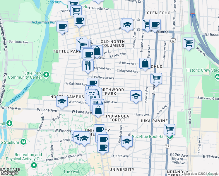 map of restaurants, bars, coffee shops, grocery stores, and more near 105 East Patterson Avenue in Columbus