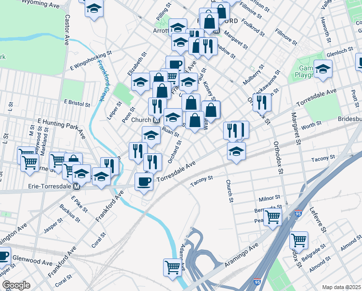 map of restaurants, bars, coffee shops, grocery stores, and more near 4241 Orchard Street in Philadelphia