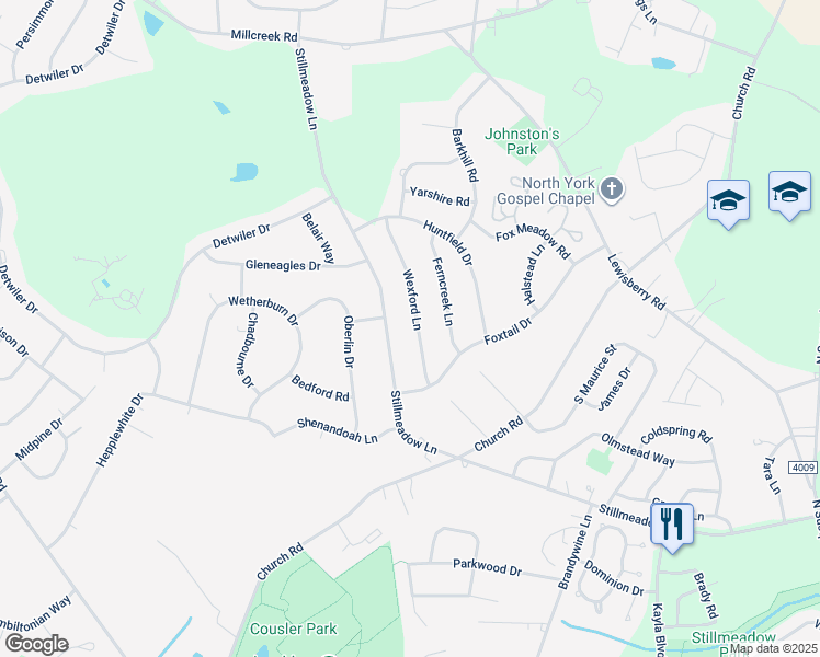 map of restaurants, bars, coffee shops, grocery stores, and more near 2650 Wexford Lane in York