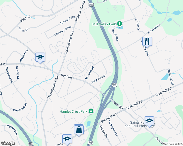 map of restaurants, bars, coffee shops, grocery stores, and more near 1308 Morstein Rd in West Chester