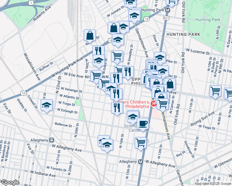 map of restaurants, bars, coffee shops, grocery stores, and more near 3618 North 17th Street in Philadelphia