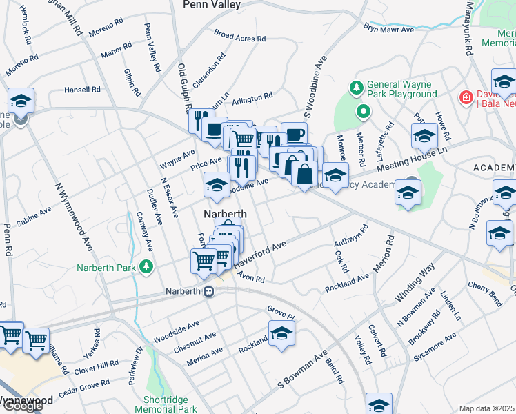 map of restaurants, bars, coffee shops, grocery stores, and more near 229 Iona Avenue in Narberth