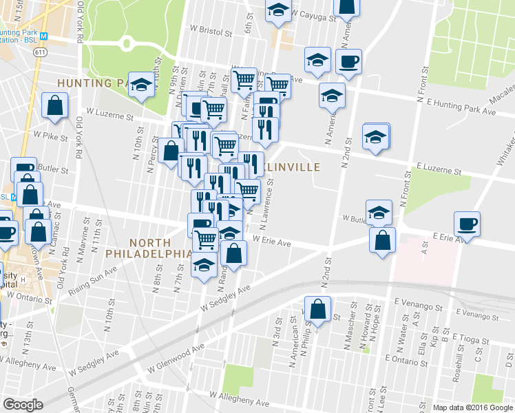 map of restaurants, bars, coffee shops, grocery stores, and more near 448 West Butler Street in Philadelphia