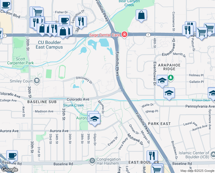 map of restaurants, bars, coffee shops, grocery stores, and more near 4001 Discovery Drive in Boulder