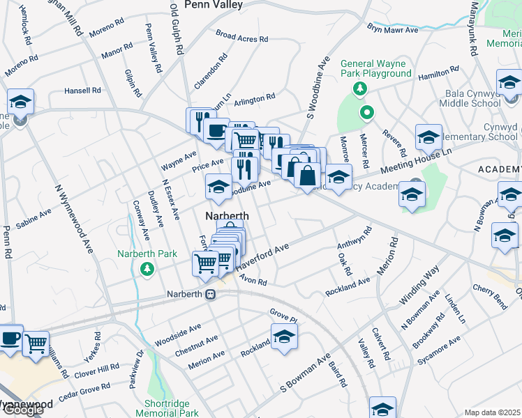 map of restaurants, bars, coffee shops, grocery stores, and more near 229 Iona Avenue in Narberth