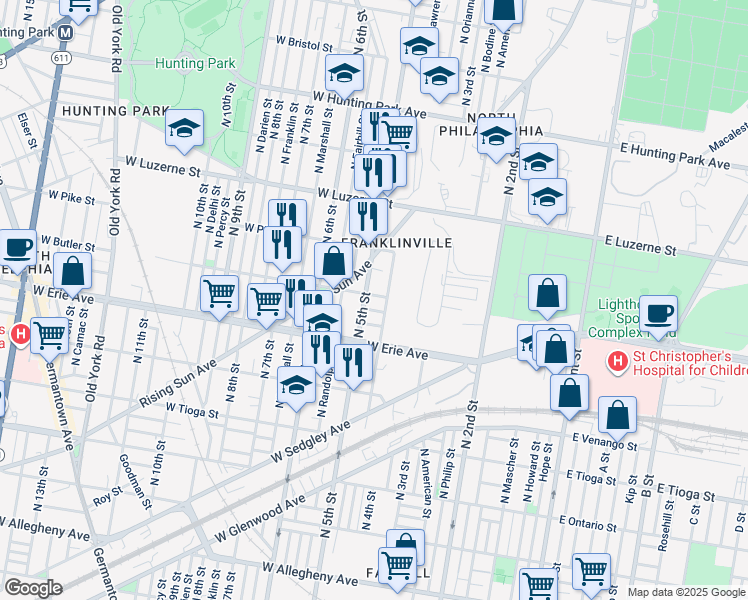 map of restaurants, bars, coffee shops, grocery stores, and more near 448 West Butler Street in Philadelphia