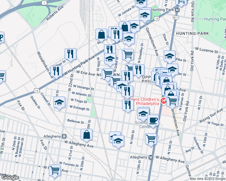 map of restaurants, bars, coffee shops, grocery stores, and more near 1819 West Venango Street in Philadelphia