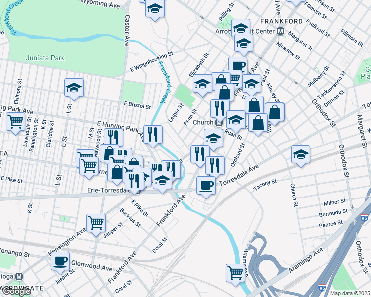 map of restaurants, bars, coffee shops, grocery stores, and more near 1536 Adams Avenue in Philadelphia