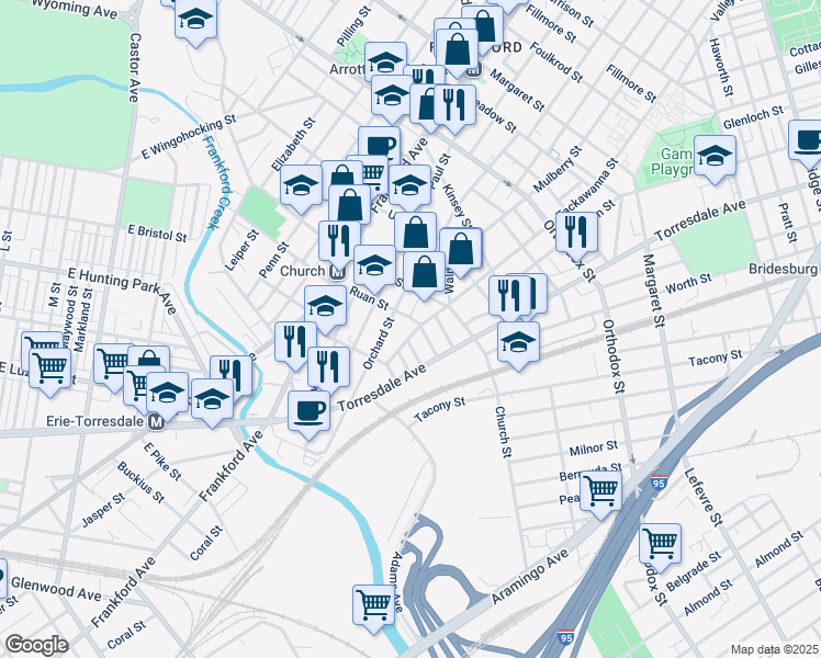 map of restaurants, bars, coffee shops, grocery stores, and more near 4256 Tackawanna Street in Philadelphia
