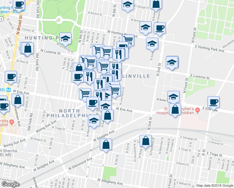 map of restaurants, bars, coffee shops, grocery stores, and more near 3757 North 5th Street in Philadelphia