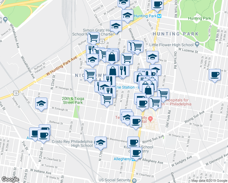 map of restaurants, bars, coffee shops, grocery stores, and more near 1637 Victoria Street in Philadelphia