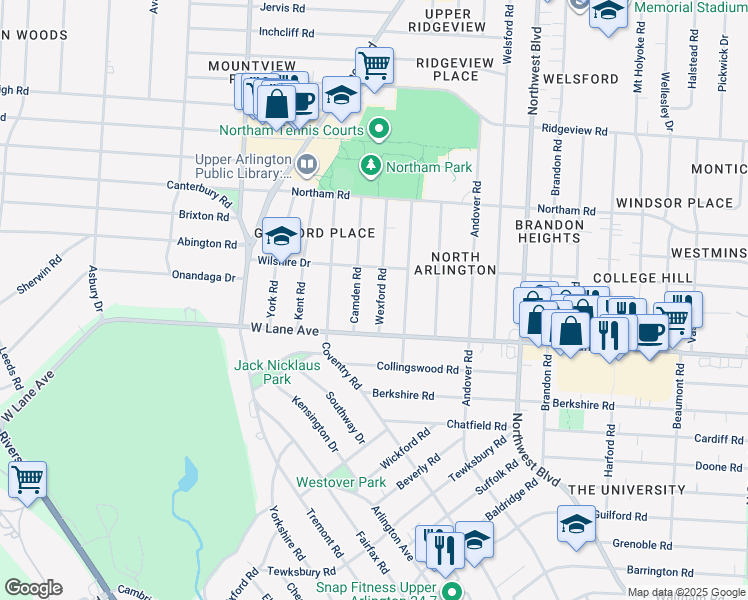 map of restaurants, bars, coffee shops, grocery stores, and more near 2626 Wexford Road in Columbus