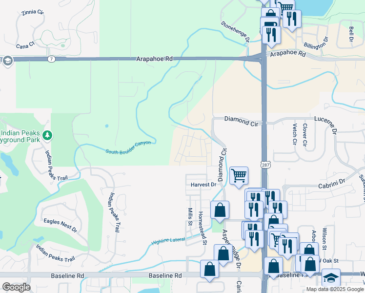 map of restaurants, bars, coffee shops, grocery stores, and more near 10364 Arapahoe Rd in Lafayette