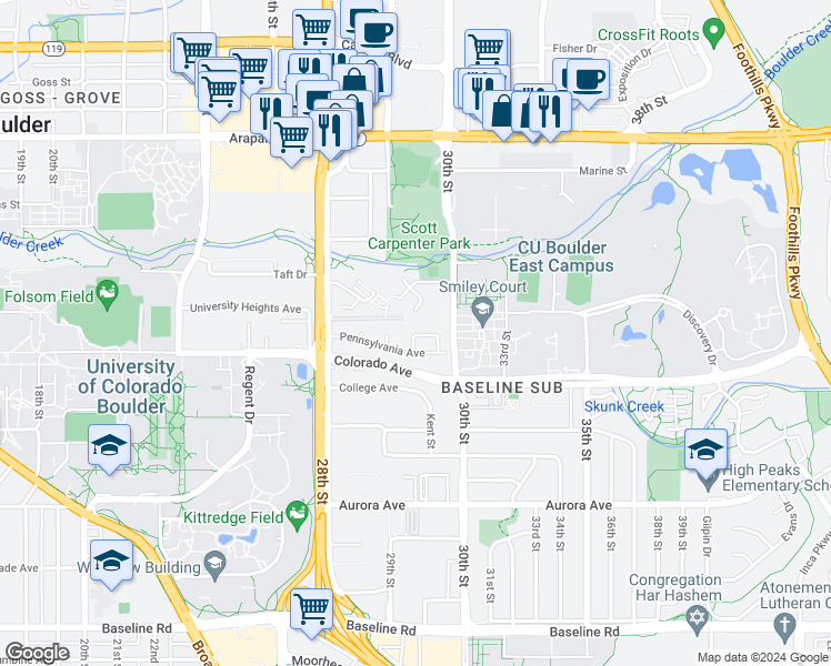 map of restaurants, bars, coffee shops, grocery stores, and more near 2932 Shadow Creek Drive in Boulder